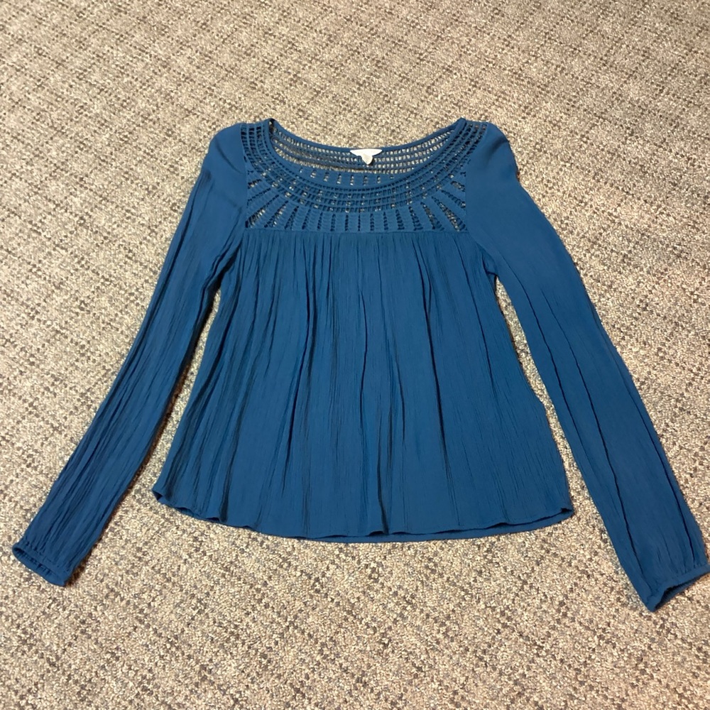 Aeropostale Teal Blue Long Sleeve Crochet Boho Peasant Blouse * Size Small